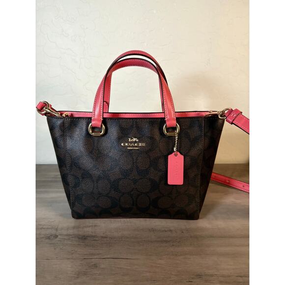 Coach Handbags - Coach CROSSBODY PURSE Alice Satchel Dark Signature Canvas &‎ Rouge Pink Trim